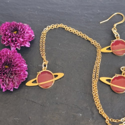 Ensemble collier, boucles d'oreilles mini Saturne - Pièce unique