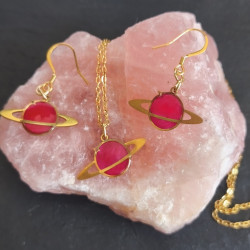 Ensemble collier, boucles d'oreilles mini Saturne - Pièce unique